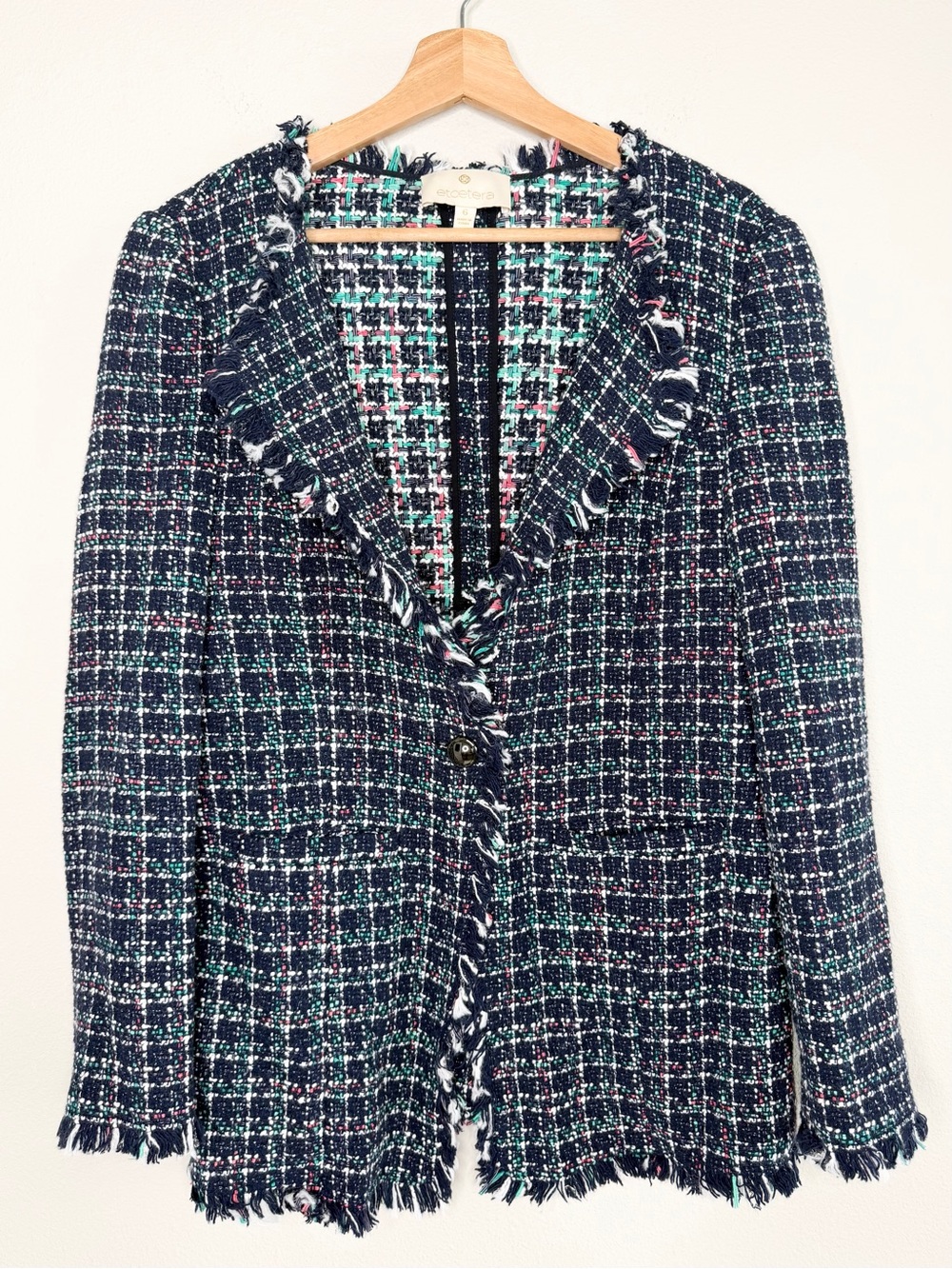 Etcetera Tweed Fringe Blazer Jacket Navy Pink Green Plaid Career Size 6